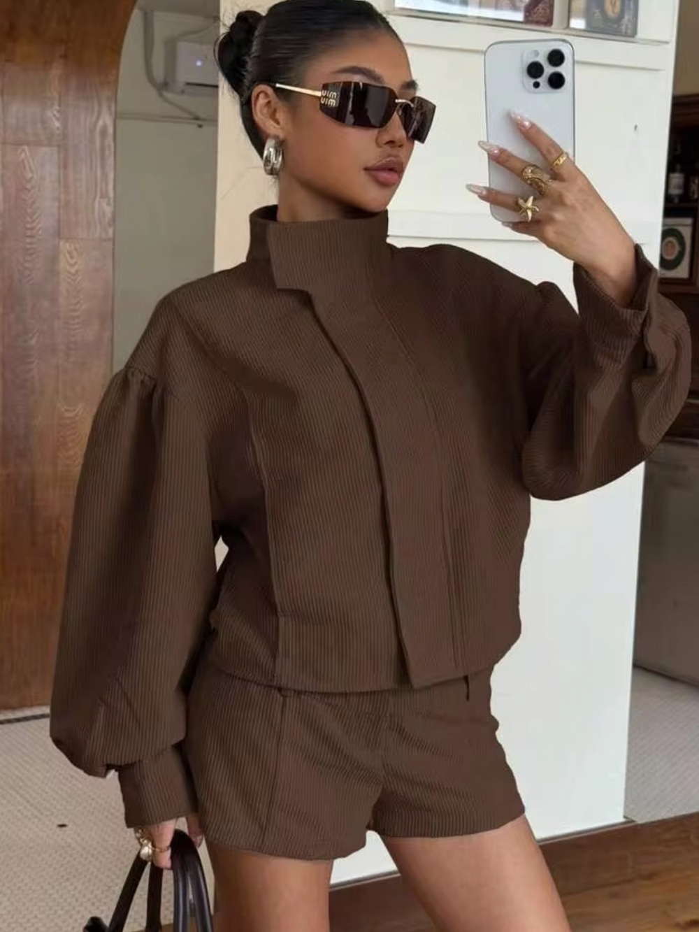 SHEIN Brown Ribbed High-Collar Jacket & Shorts Set